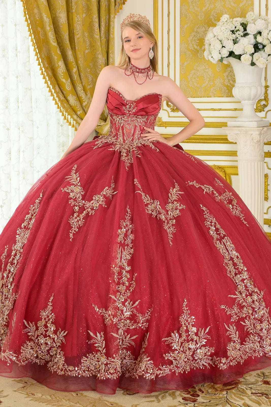 Strapless Beaded Quinceañera Ball Gown in Burgundy with Corset Back & Train by Elizabeth K GL3675