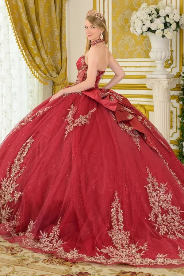Strapless Beaded Quinceañera Ball Gown in Burgundy with Corset Back & Train by Elizabeth K GL3675