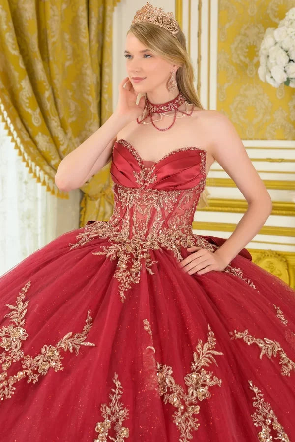 Strapless Beaded Quinceañera Ball Gown in Burgundy with Corset Back & Train by Elizabeth K GL3675