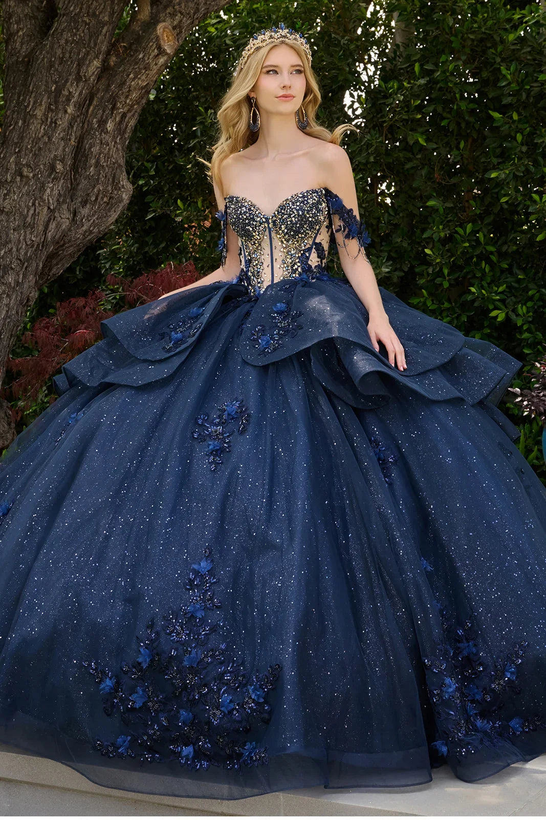 Navy Off-Shoulder Sweetheart Dress with Floral Applique, Beading & Tulle by Elizabeth K GL3676
