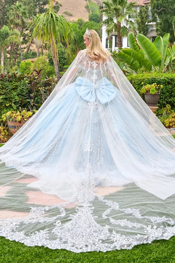 Off-The-Shoulder Sweetheart Beaded Corset Ball Gown in Blue/Silver with Oversized Bow by Elizabeth K GL3707