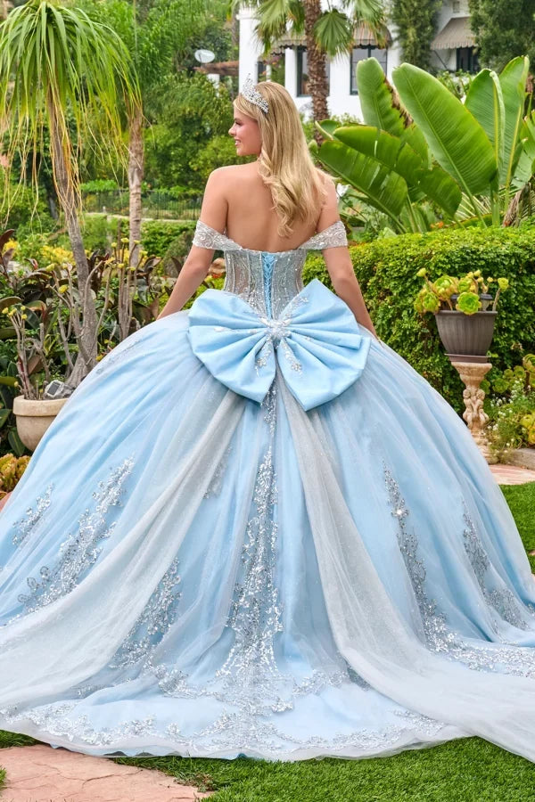 Off-The-Shoulder Sweetheart Beaded Corset Ball Gown in Blue/Silver with Oversized Bow by Elizabeth K GL3707