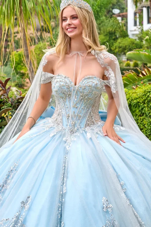 Off-The-Shoulder Sweetheart Beaded Corset Ball Gown in Blue/Silver with Oversized Bow by Elizabeth K GL3707