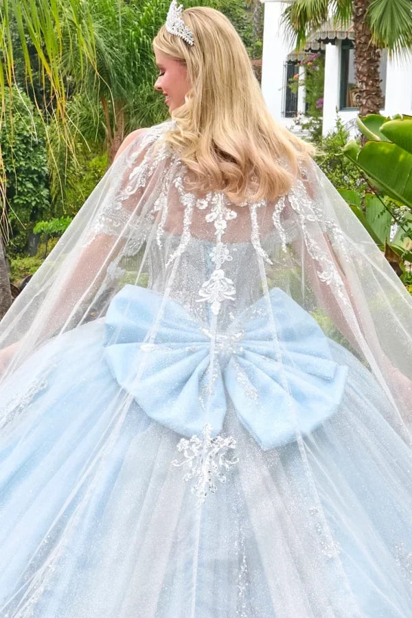 Off-The-Shoulder Sweetheart Beaded Corset Ball Gown in Blue/Silver with Oversized Bow by Elizabeth K GL3707