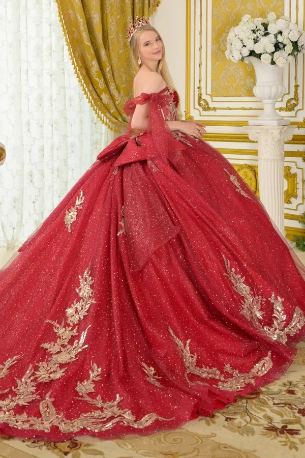 Off Shoulder Strap Boat Neck Satin Corset Glitter Ball Gown with Bow by Elizabeth K GL3710