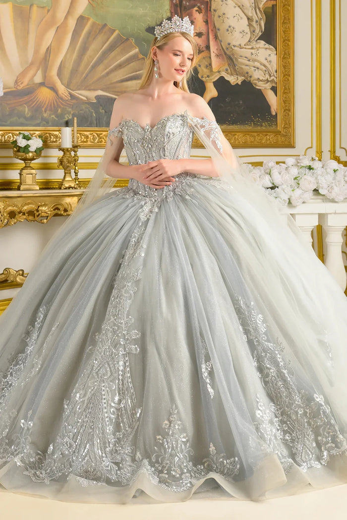 Silver Off-Shoulder Beaded Corset Dress with Cape Sleeves & Train Ball Gown by Elizabeth K GL3711