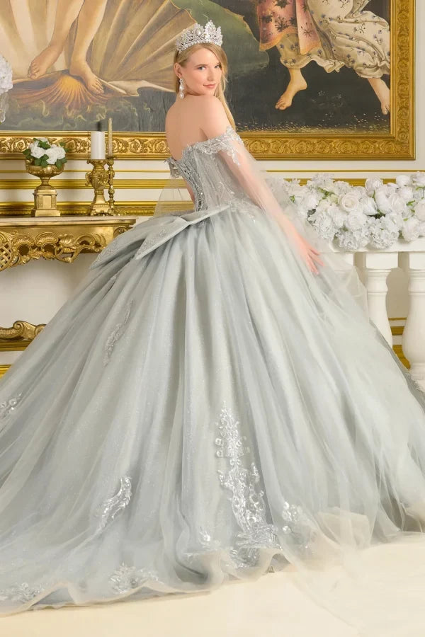 Silver Off-Shoulder Beaded Corset Dress with Cape Sleeves & Train Ball Gown by Elizabeth K GL3711