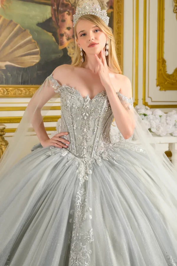 Silver Off-Shoulder Beaded Corset Dress with Cape Sleeves & Train Ball Gown by Elizabeth K GL3711