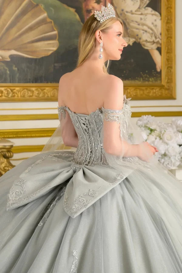 Silver Off-Shoulder Beaded Corset Dress with Cape Sleeves & Train Ball Gown by Elizabeth K GL3711