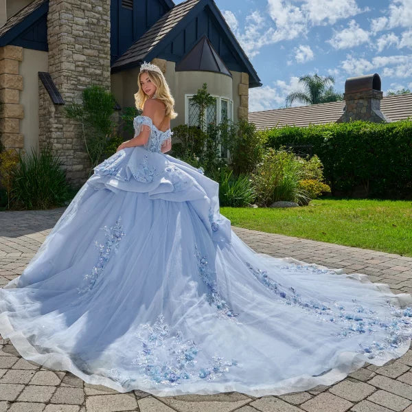 Off-Shoulder Light Blue Corset Bodice Floral Appliqué Gown Quinceañera Dress by Elizabeth K GL3720