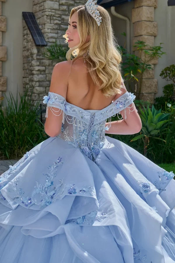 Off-Shoulder Light Blue Corset Bodice Floral Appliqué Gown Quinceañera Dress by Elizabeth K GL3720