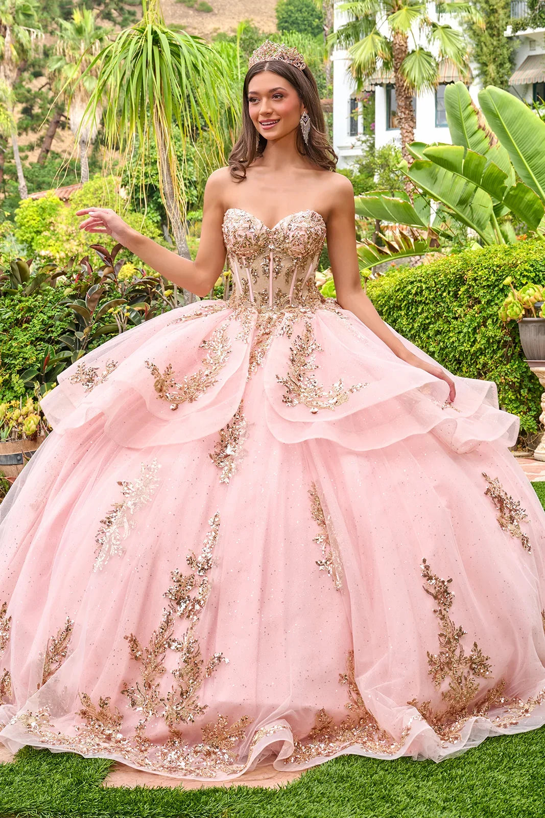 Strapless Sweetheart Illusion Corset Bodice Sequin Appliqué Layered Ball Gown by Elizabeth K GL3724