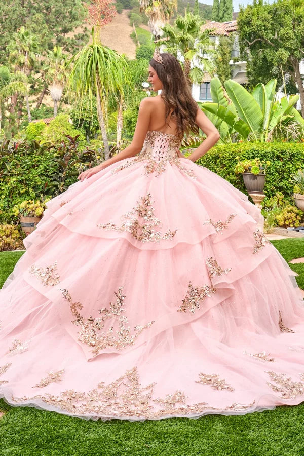 Strapless Sweetheart Illusion Corset Bodice Sequin Appliqué Layered Ball Gown by Elizabeth K GL3724