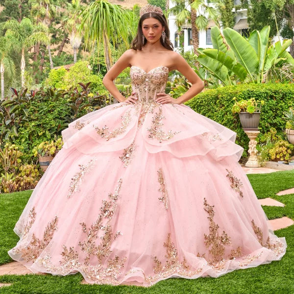 Strapless Sweetheart Illusion Corset Bodice Sequin Appliqué Layered Ball Gown by Elizabeth K GL3724