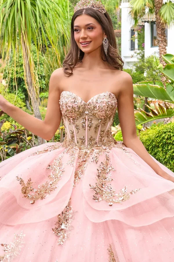 Strapless Sweetheart Illusion Corset Bodice Sequin Appliqué Layered Ball Gown by Elizabeth K GL3724