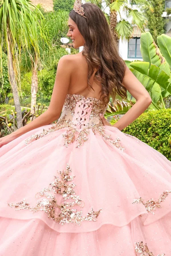 Strapless Sweetheart Illusion Corset Bodice Sequin Appliqué Layered Ball Gown by Elizabeth K GL3724