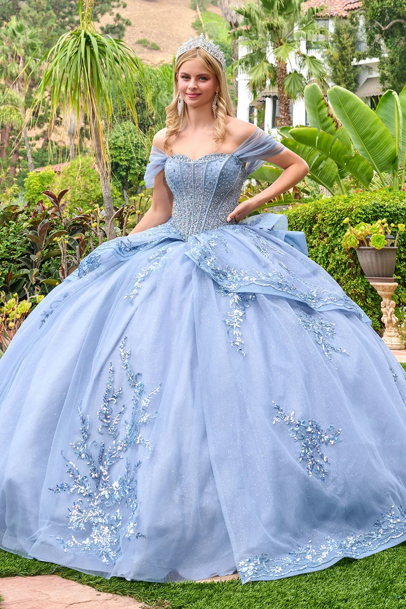Off-Shoulder Beaded Corset Bodice Glitter Ball Gown with Bow by Elizabeth K GL3727