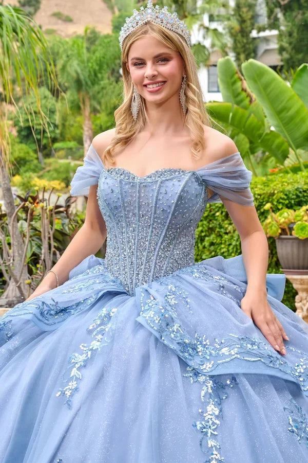 Off-Shoulder Beaded Corset Bodice Glitter Ball Gown with Bow by Elizabeth K GL3727
