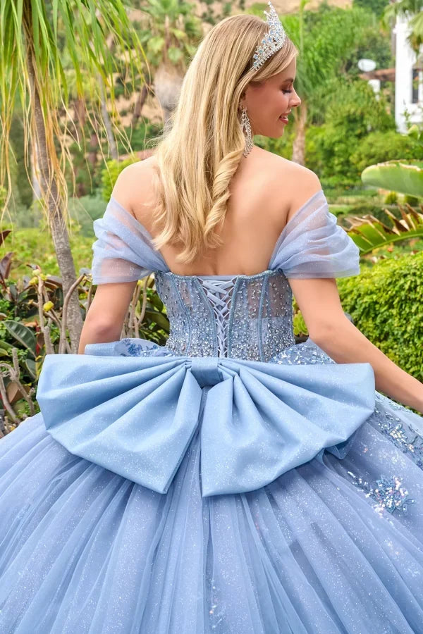 Off-Shoulder Beaded Corset Bodice Glitter Ball Gown with Bow by Elizabeth K GL3727