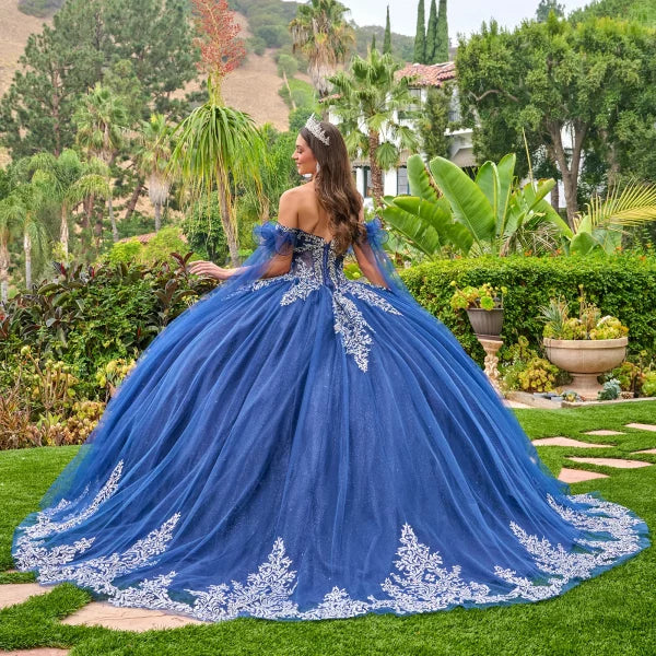 Off-The-Shoulder Ruffle Cape Sleeve Beaded Corset Sweetheart Ball Gown by Elizabeth K GL3752