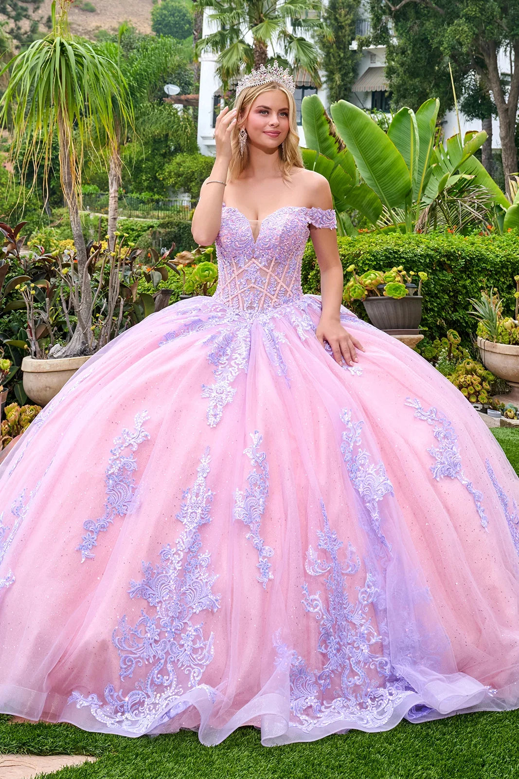 Lilac Off-Shoulder Sweetheart Beaded Corset Lace Appliqué Ball Gown in Lilac by Elizabeth K GL3753