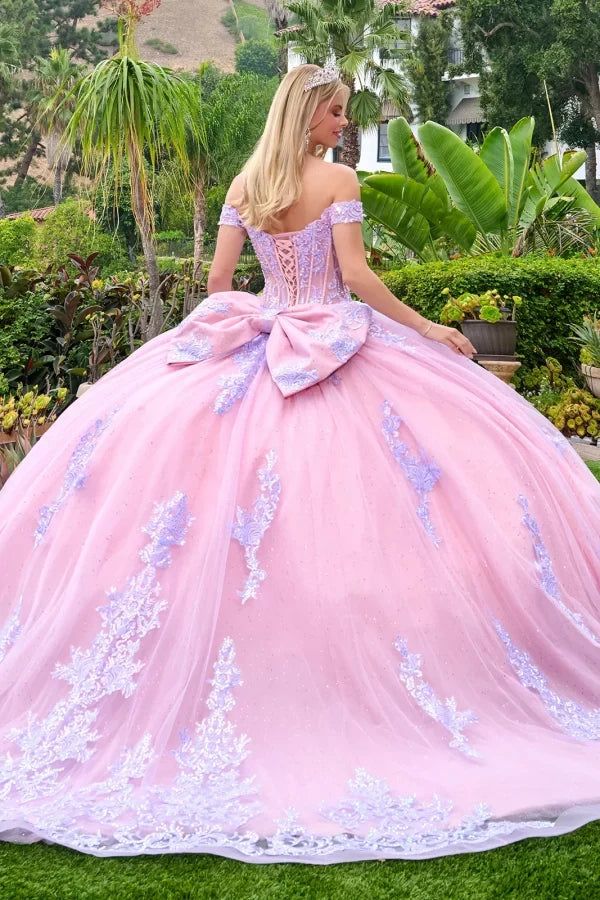 Lilac Off-Shoulder Sweetheart Beaded Corset Lace Appliqué Ball Gown in Lilac by Elizabeth K GL3753