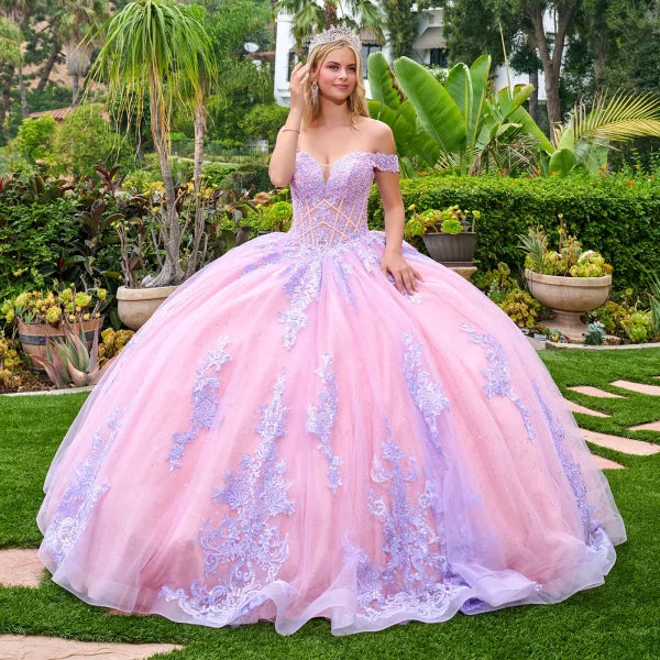 Lilac Off-Shoulder Sweetheart Beaded Corset Lace Appliqué Ball Gown in Lilac by Elizabeth K GL3753
