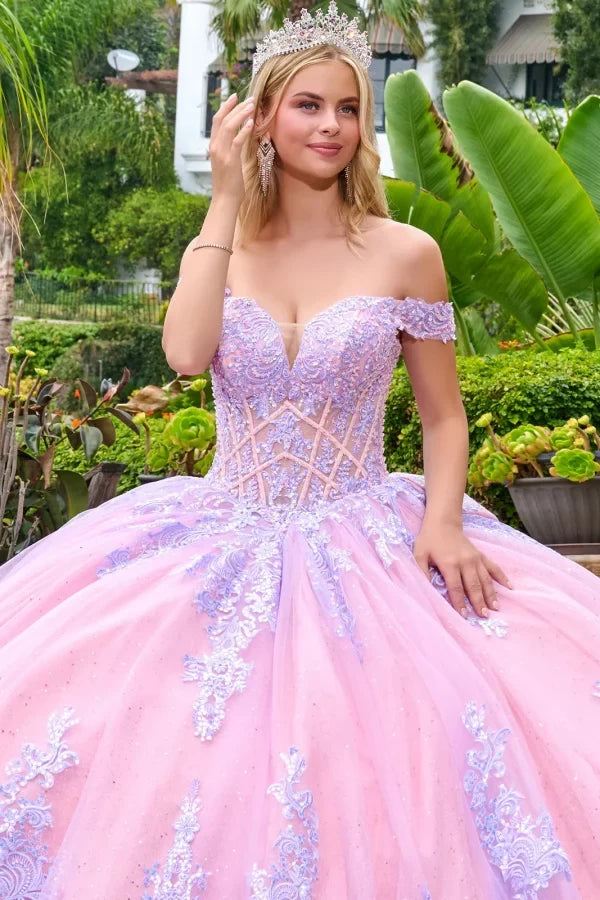 Lilac Off-Shoulder Sweetheart Beaded Corset Lace Appliqué Ball Gown in Lilac by Elizabeth K GL3753