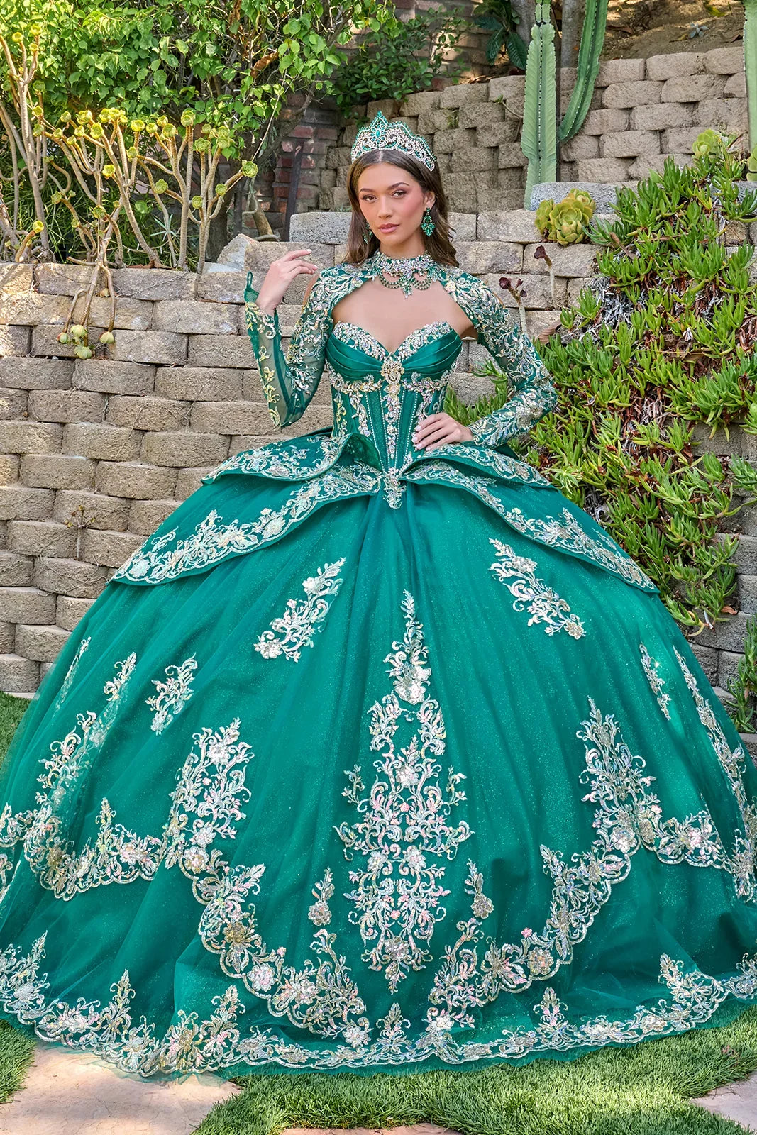 Strapless Beaded Tulle Dress with Detachable Sleeves Gown in Emerald Green by Elizabeth K GL3800