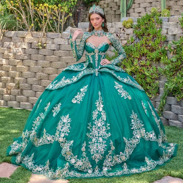 Strapless Beaded Tulle Dress with Detachable Sleeves Gown in Emerald Green by Elizabeth K GL3800