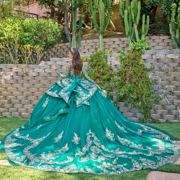 Strapless Beaded Tulle Dress with Detachable Sleeves Gown in Emerald Green by Elizabeth K GL3800