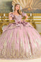 Off-Shoulder Satin Corset Dress with Lace Appliqué and Ruffle Sleeves by Elizabeth K GL3803