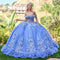 Off-Shoulder V-Neck Corset Beaded Floral Appliqué Embroidered Tulle Ball Gown by Elizabeth K GL3812
