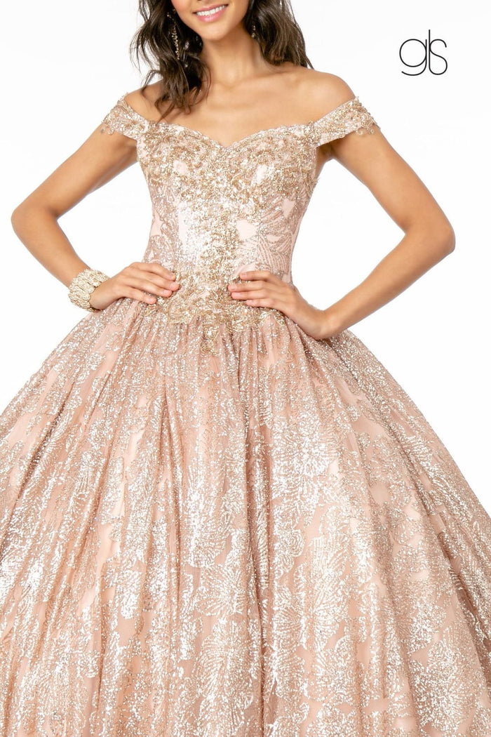 Glitter Print Off Shoulder Gown by Elizabeth KGL1820