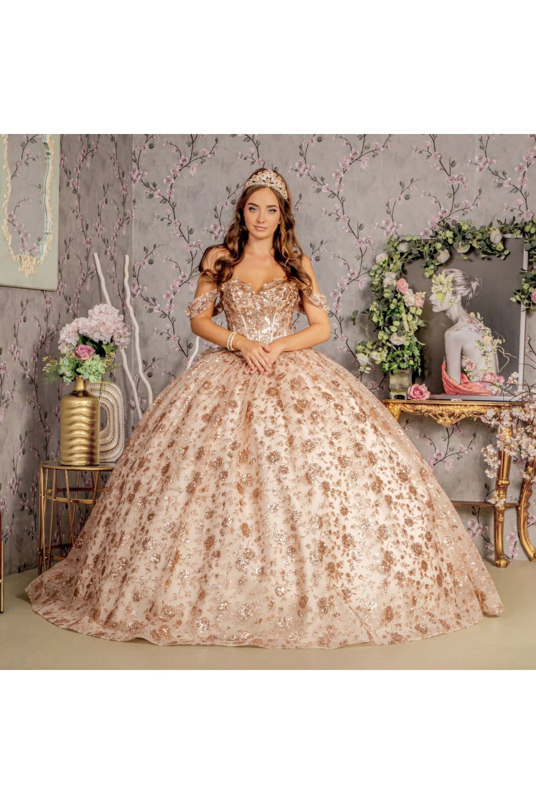 Glitter Print Off Shoulder Corset Ball Gown by GLS Gloria GL3485