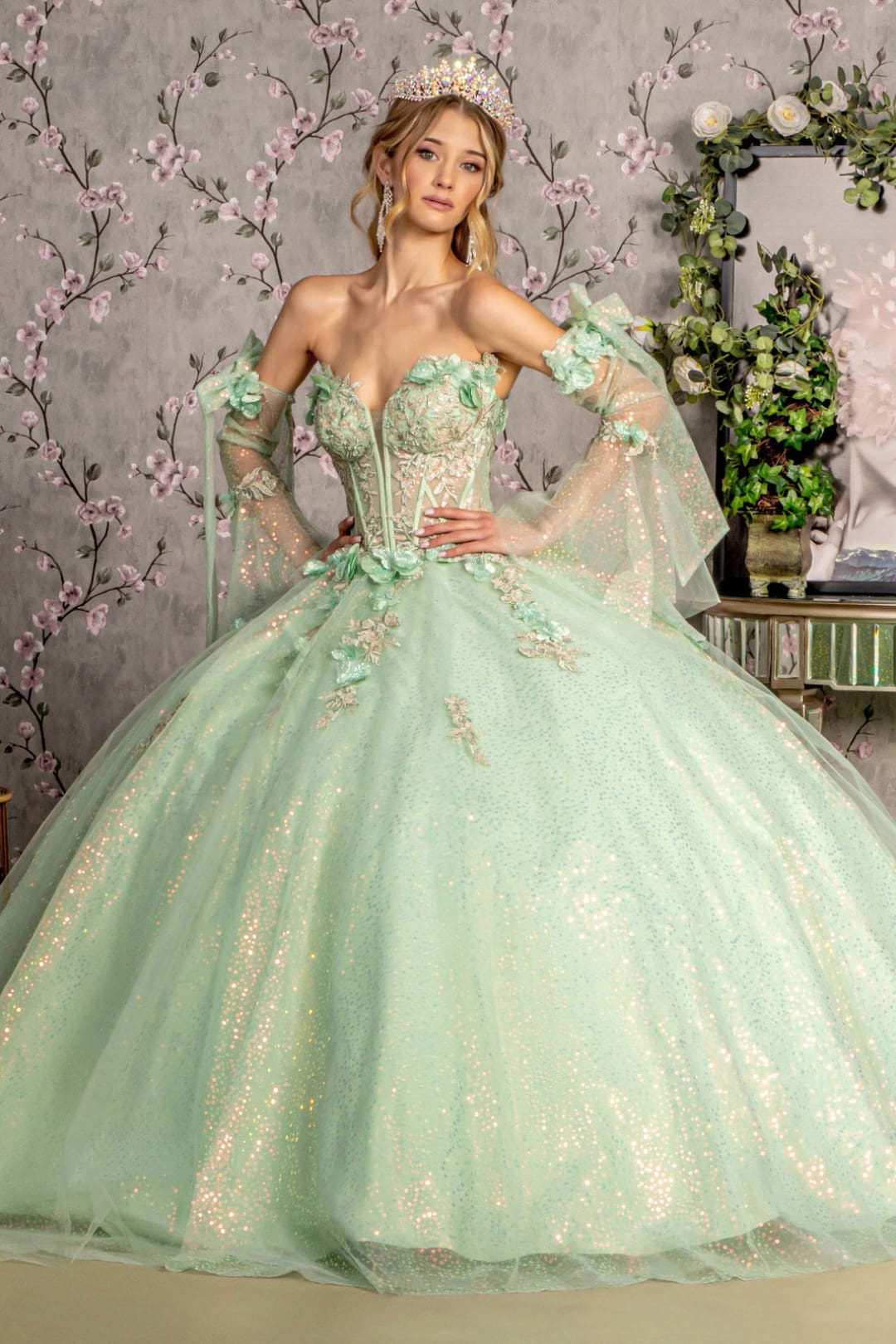 Glitter Quinceanera Dress Bell Sleeve Ball Gown by GLS Gloria GL3486