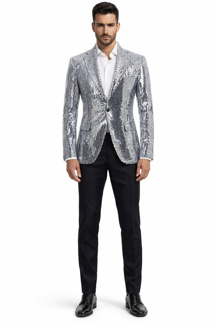 Glitter Tuxedo Dinner Jacket - Sequin Blazer - Sliver Flashy Stage Sport Coat By Alberto Nardoni
