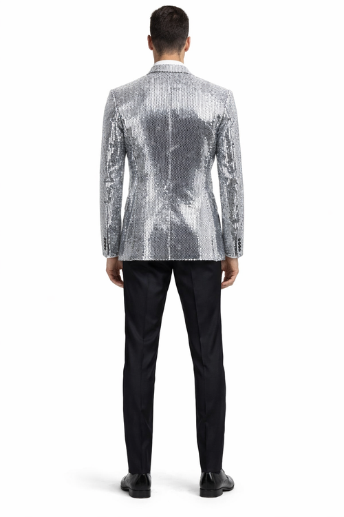 Glitter Tuxedo Dinner Jacket - Sequin Blazer - Sliver Flashy Stage Sport Coat By Alberto Nardoni