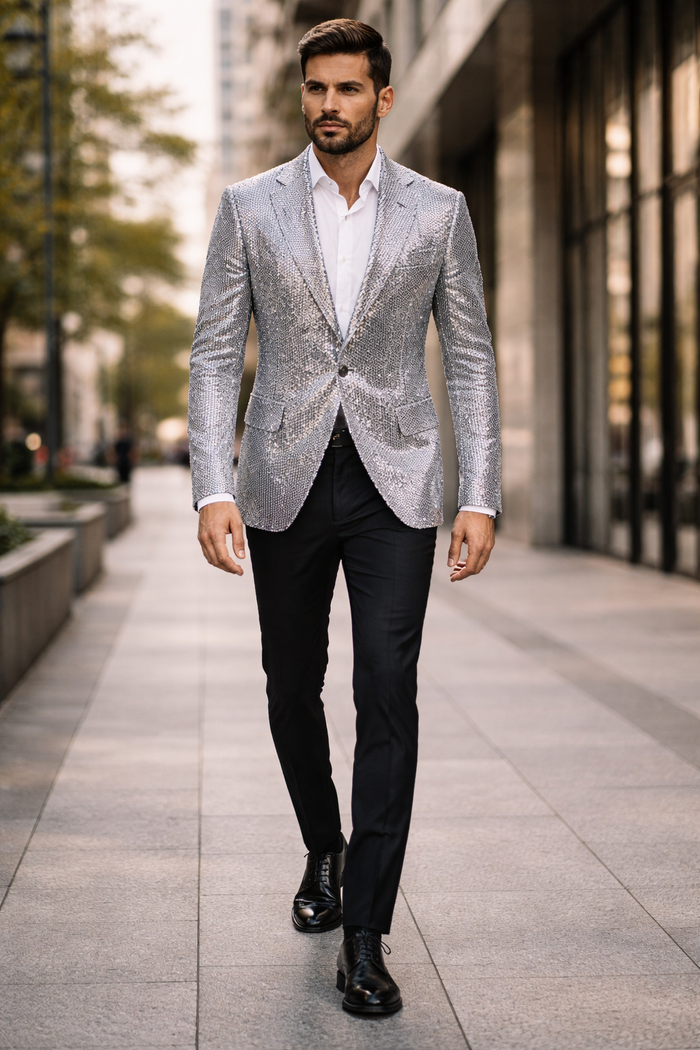 Glitter Tuxedo Dinner Jacket - Sequin Blazer - Sliver Flashy Stage Sport Coat By Alberto Nardoni