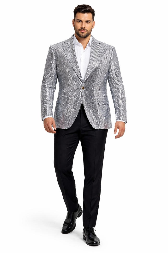 Glitter Tuxedo Dinner Jacket - Sequin Blazer - Sliver Flashy Stage Sport Coat By Alberto Nardoni