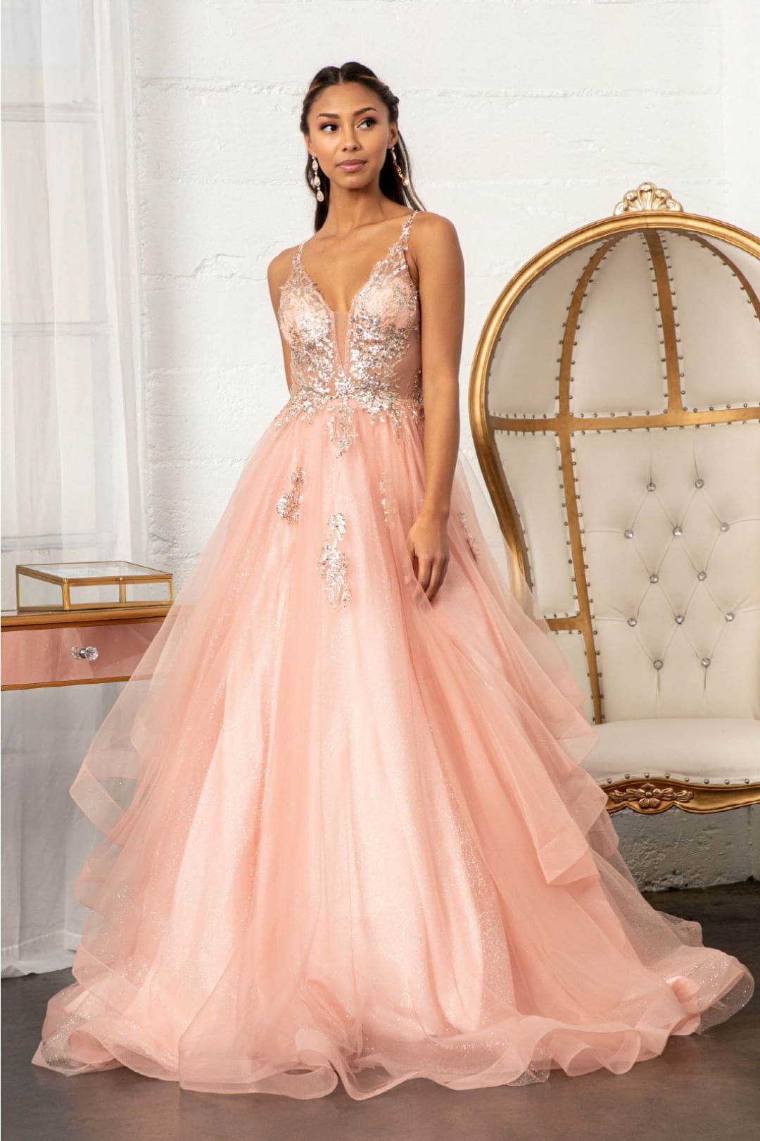 Glitter V-Neck Ball Gown by Elizabeth KGL3021