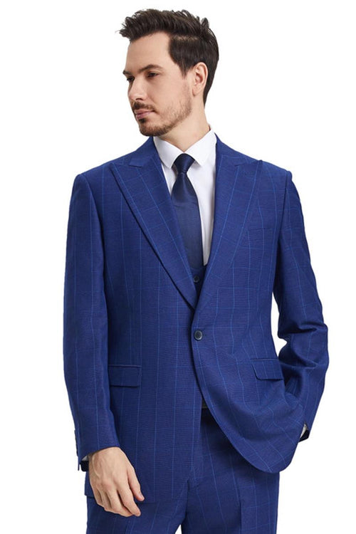 Men's Stacy Adams blue windowpane plaid suit. Structured jacket with peak lapel, two front pockets. Medium-weight fabric. Blue with lighter blue plaid. Includes a matching scoop neck vest.
