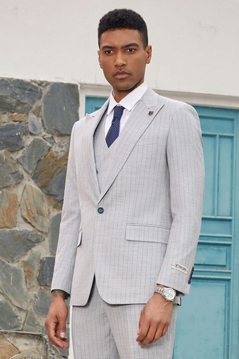 Mens Stacy Adams Suit - Stacy Adams Suit Men's Designer Suit - Vested One Button Peak Lapel in Light Grey Pinstripe