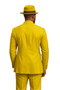 Yellow zoot suit: Double-breasted jacket, structured, elongated lines, straight-leg trousers. Bright yellow fabric (wool/blend). Jacket vent, buttoned sleeves. Matching fedora: wide brim, simple band.
