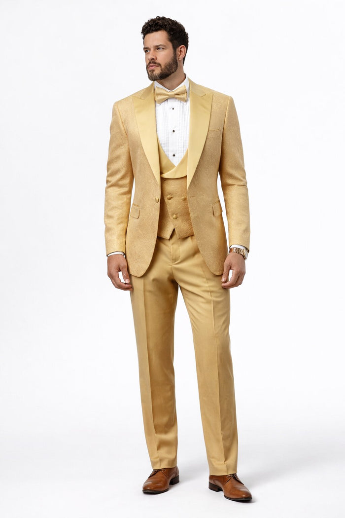 Men's Designer Vested Tonal Paisley Wedding & Prom Tuxedo in Gold