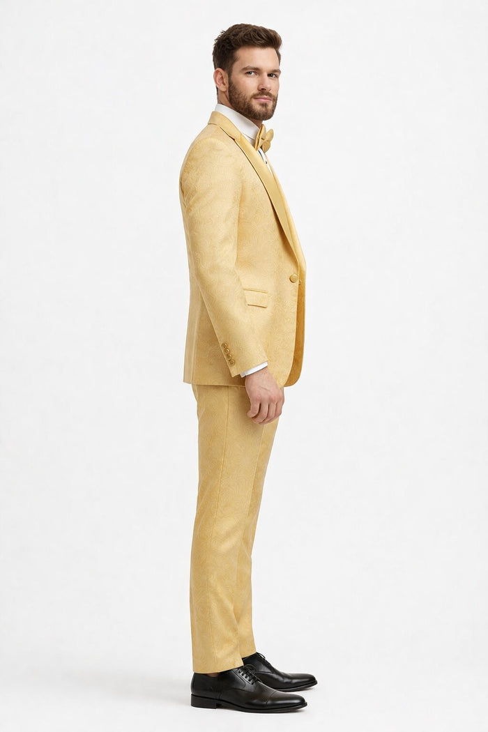 Men's Designer Vested Tonal Paisley Wedding & Prom Tuxedo in Gold