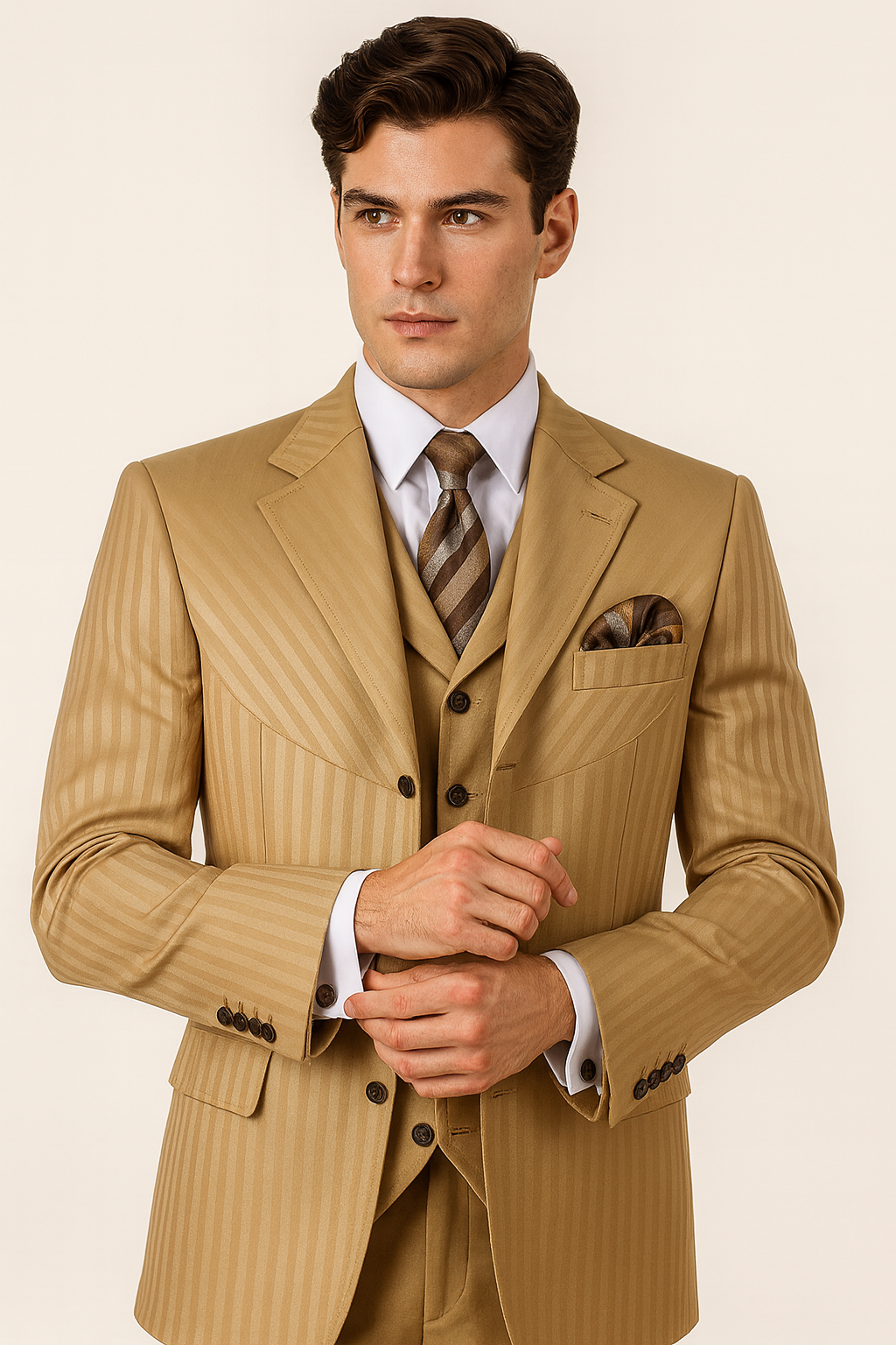 Mens 4 button Semi Wide Leg Shiny Tonal Stripe Fashion Gold Suit