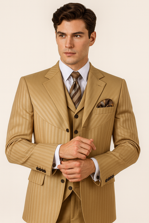 Mens 4 button Semi Wide Leg Shiny Tonal Stripe Fashion Gold Suit