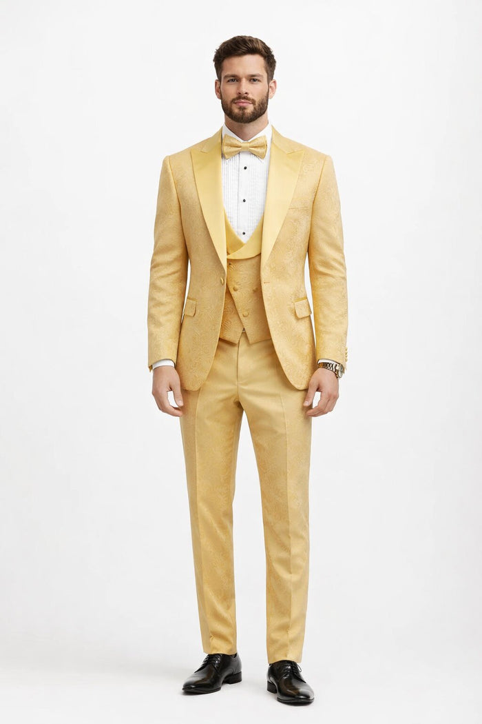 Men's Designer Vested Tonal Paisley Wedding & Prom Tuxedo in Gold