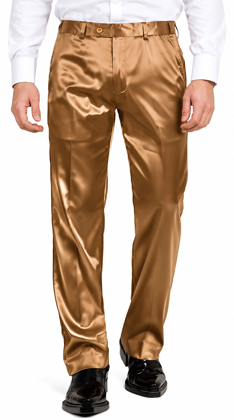 Mens Shiny Stretch Pants Solid Color Slim Fit Sateen Flashy Metallic Slacks in Color "Luggage"